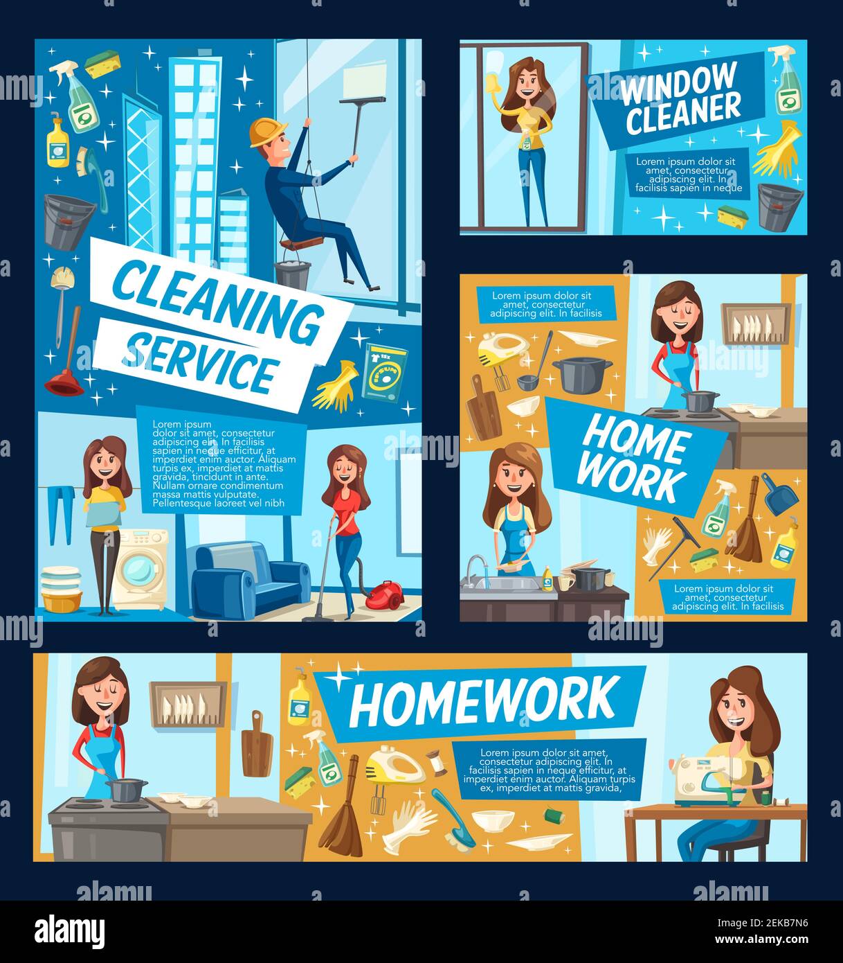 Servizio di pulizia della casa e di lavaggio dei piatti o dell'ago, pulizia delle finestre dell'ufficio, accesso professionale alla fune. Vector lavaggio domestico di lavanderia, pavimento che puliscono a. Illustrazione Vettoriale