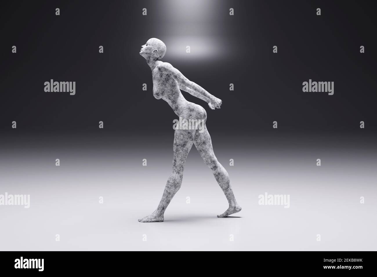 Illustrazione 3D del carattere femmina in cemento che si piega in avanti Foto Stock