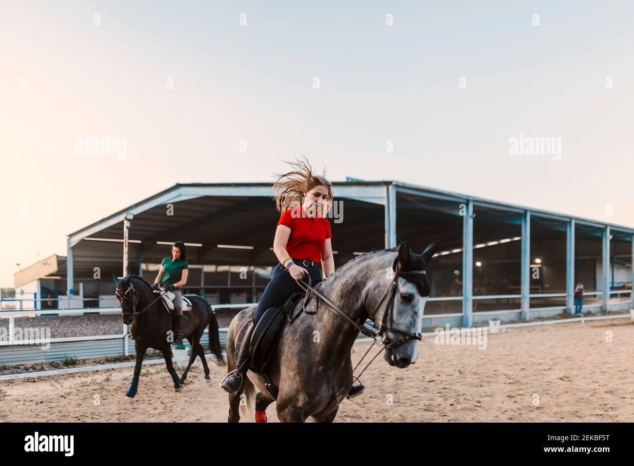 Giovane donna con amico femmina a cavallo cavalli in fattoria contro cielo limpido Foto Stock