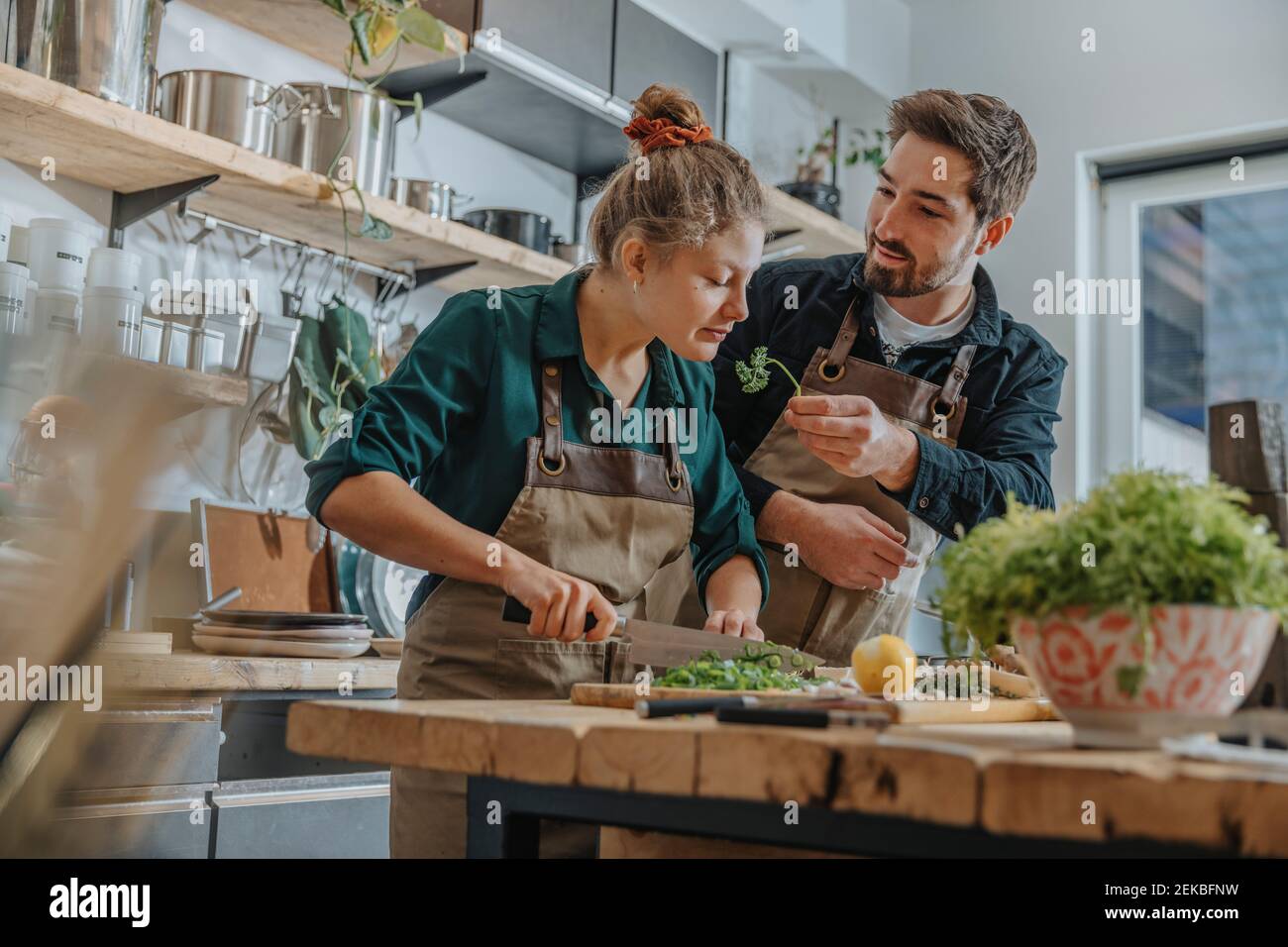 Il giovane chef puzzava di prezzemolo mentre tagliava i capesante in piedi da un collega su isola cucina Foto Stock