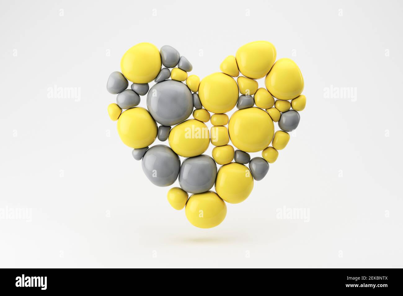 Rappresentazione tridimensionale del cuore flottante in grigio e. sfere gialle Foto Stock