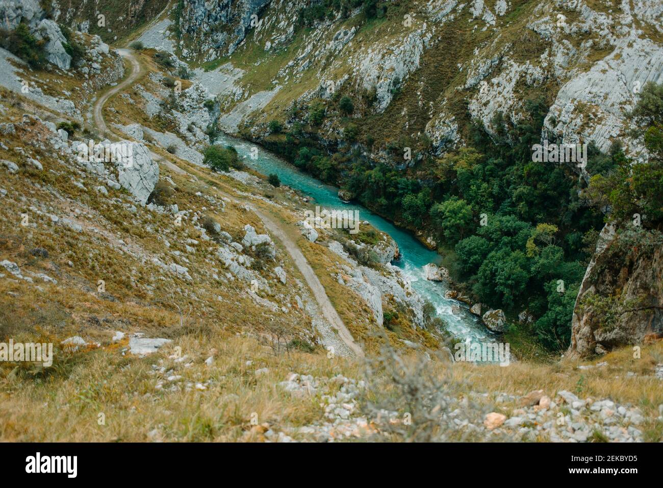 Cares trail fluente fiume al Parco Nazionale Picos De Europe, Asturias, Spagna Foto Stock