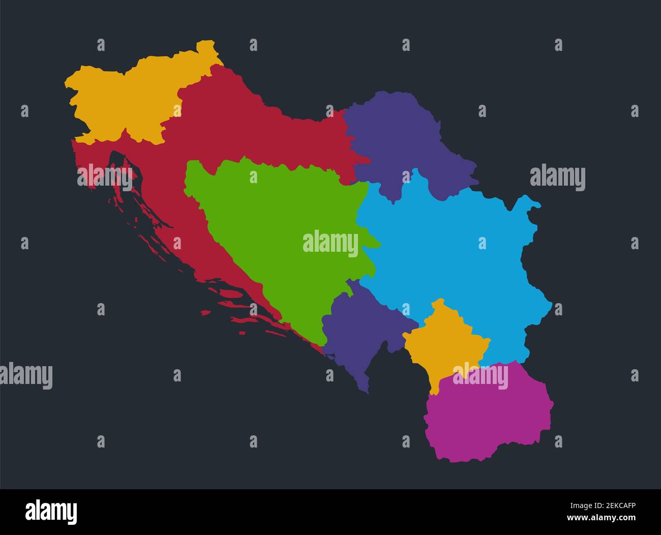 Infografica Mappa Iugoslavia, colori piani, divisione amministrativa individuale, sfondo blu vuoto Foto Stock