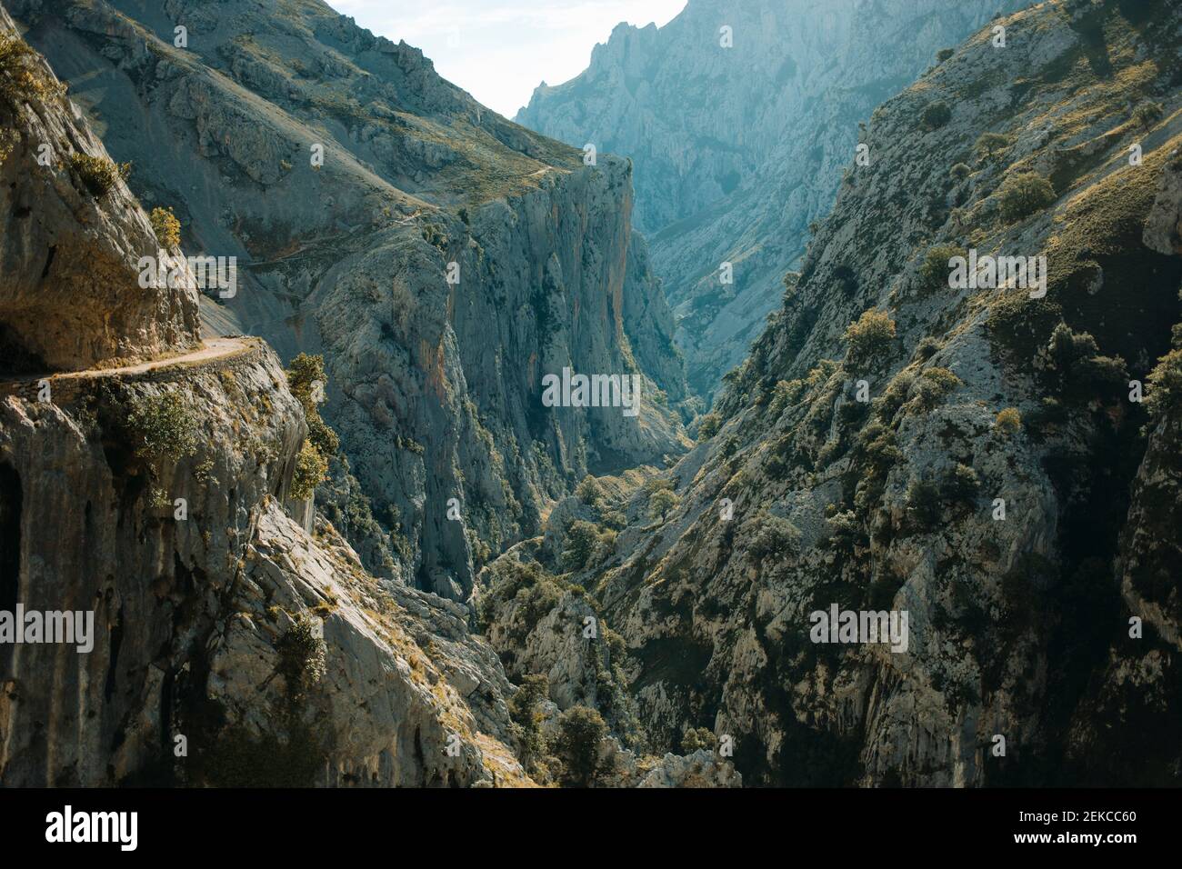 Vista panoramica della catena montuosa del Cares Trail nel Parco Nazionale Picos De Europe, Asturie, Spagna Foto Stock