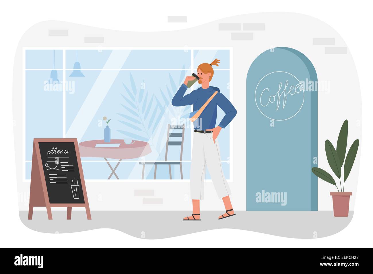 Uomo che beve takeaway caffè piatto illustrazione vettoriale. Cartone animato giovane uomo hipster carattere in piedi accanto alla caffetteria, caffetteria o caffetteria, ragazzo tenendo una tazza di bevanda calda isolato su bianco Illustrazione Vettoriale