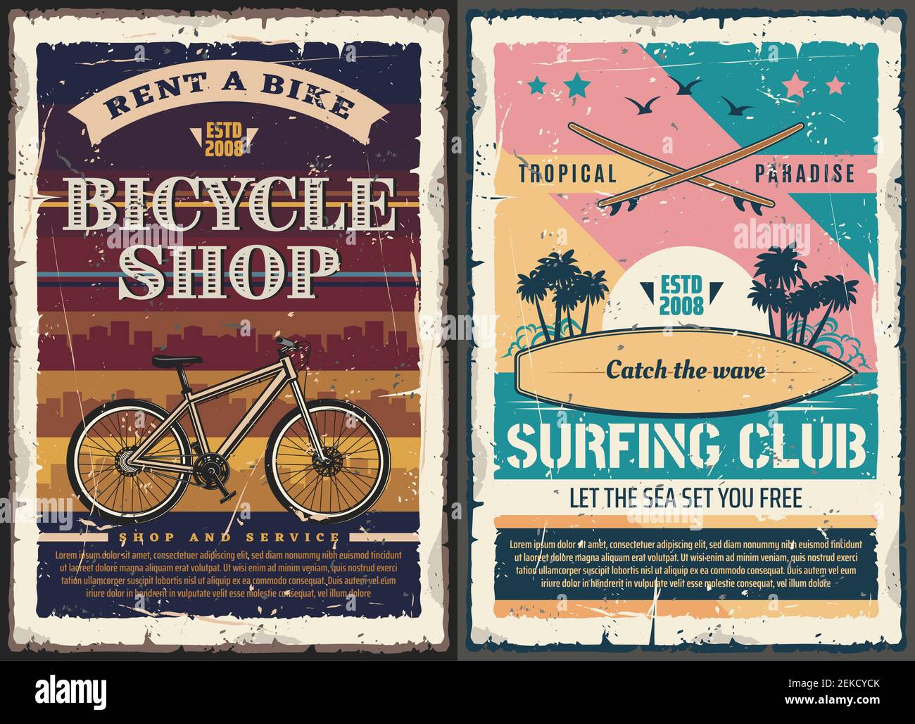 Surf club e negozio di biciclette poster retrò di attività all'aperto,  viaggi, sport, turismo e design per il tempo libero. Spiaggia tropicale  onde, surf e bi Immagine e Vettoriale - Alamy