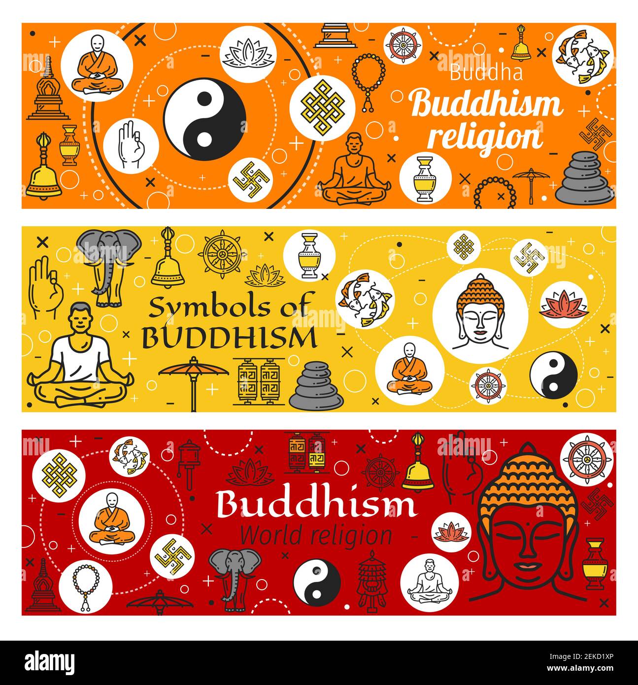 Buddismo simboli religiosi della religione orientale disegno vettoriale. Statua di buddha a linea sottile, zen buddista e yoga, fiore di loto, ruota dharma e om mantr Illustrazione Vettoriale