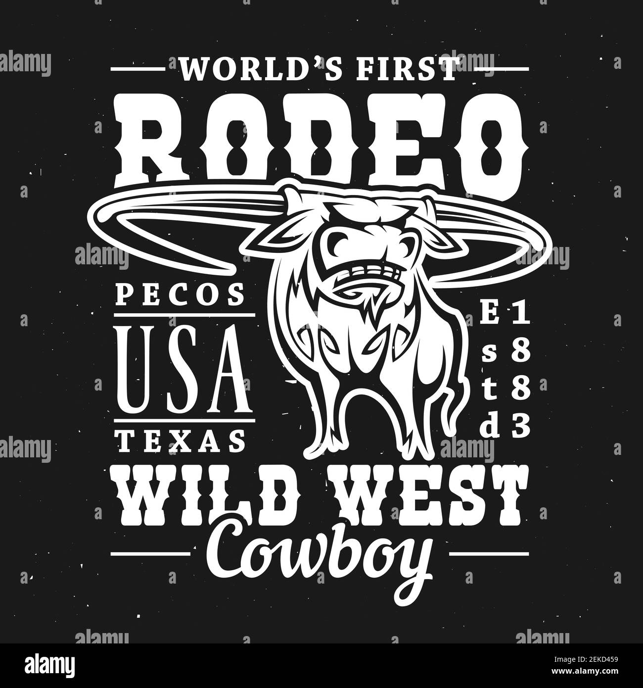 Stampa Rodeo bull t-shirt di longhorn mucca o bue su sfondo nero con scritte vettoriali Wild West Cowboy. Abbigliamento di moda e maglia uniforme del rodeo Illustrazione Vettoriale