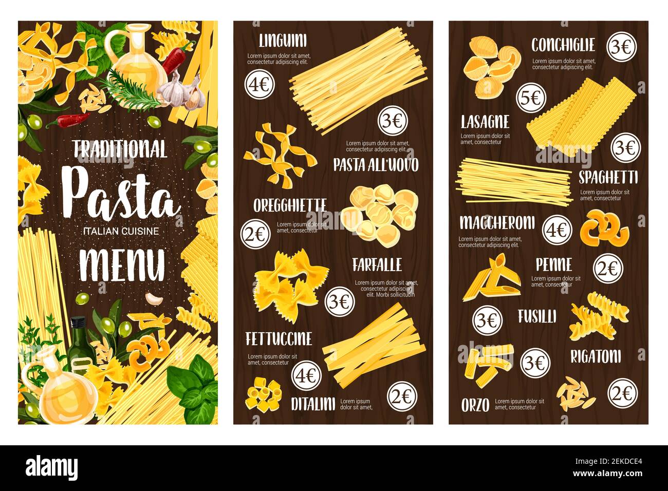 Pasta, spaghetti e maccheroni menu vettoriale di cucina italiana. Penne, farfalle e fusilli, conchiglie, lasagna e rigatoni, linguine, fettuccine e. Illustrazione Vettoriale