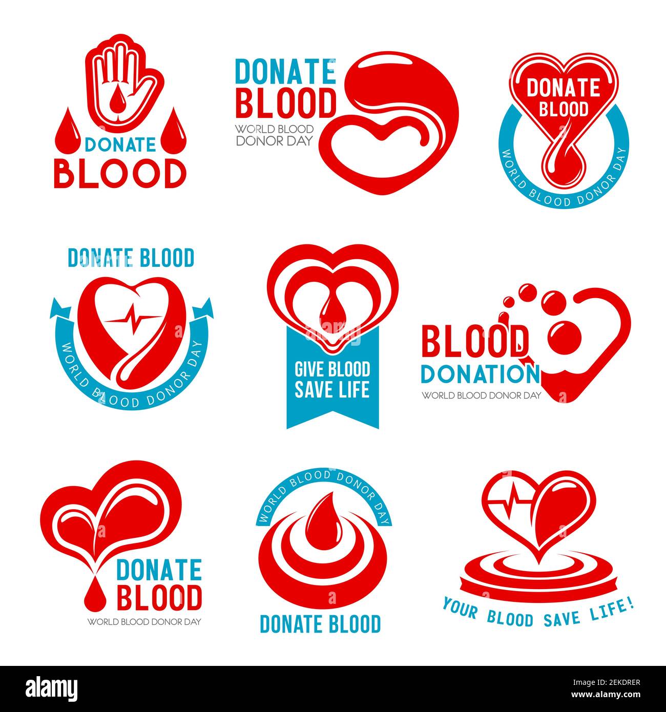 Le icone della donazione di sangue e della Giornata dei donatori per la responsabilità sociale e le azioni benefiche. Simboli vettoriali Set di cuore e goccia di sangue per il giorno della donazione mondiale An Illustrazione Vettoriale
