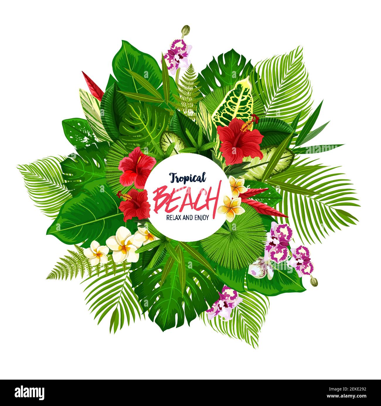 Poster tropicale sulla spiaggia con cornice di foglie di palma e fiori hawaiani. Mostera verde, banana albero e felce, ibisco, plumeria e orchidee fiori roun Illustrazione Vettoriale