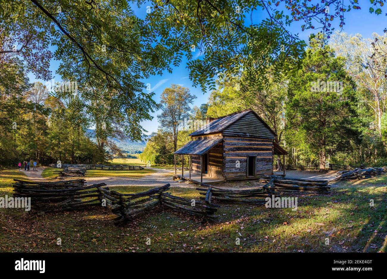 Capanna di tronchi nella foresta, John Oliver Place, Cades Cove, Great Smoky Mountains National Park, Tennessee, USA Foto Stock