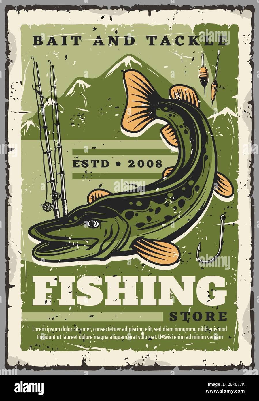 Pesca tackles e esche, attrezzature per pescatori e pesca negozio di  accessori. Vettore vintage poster retrò di pesce luccio, canne da pesca o  wit filatura Immagine e Vettoriale - Alamy