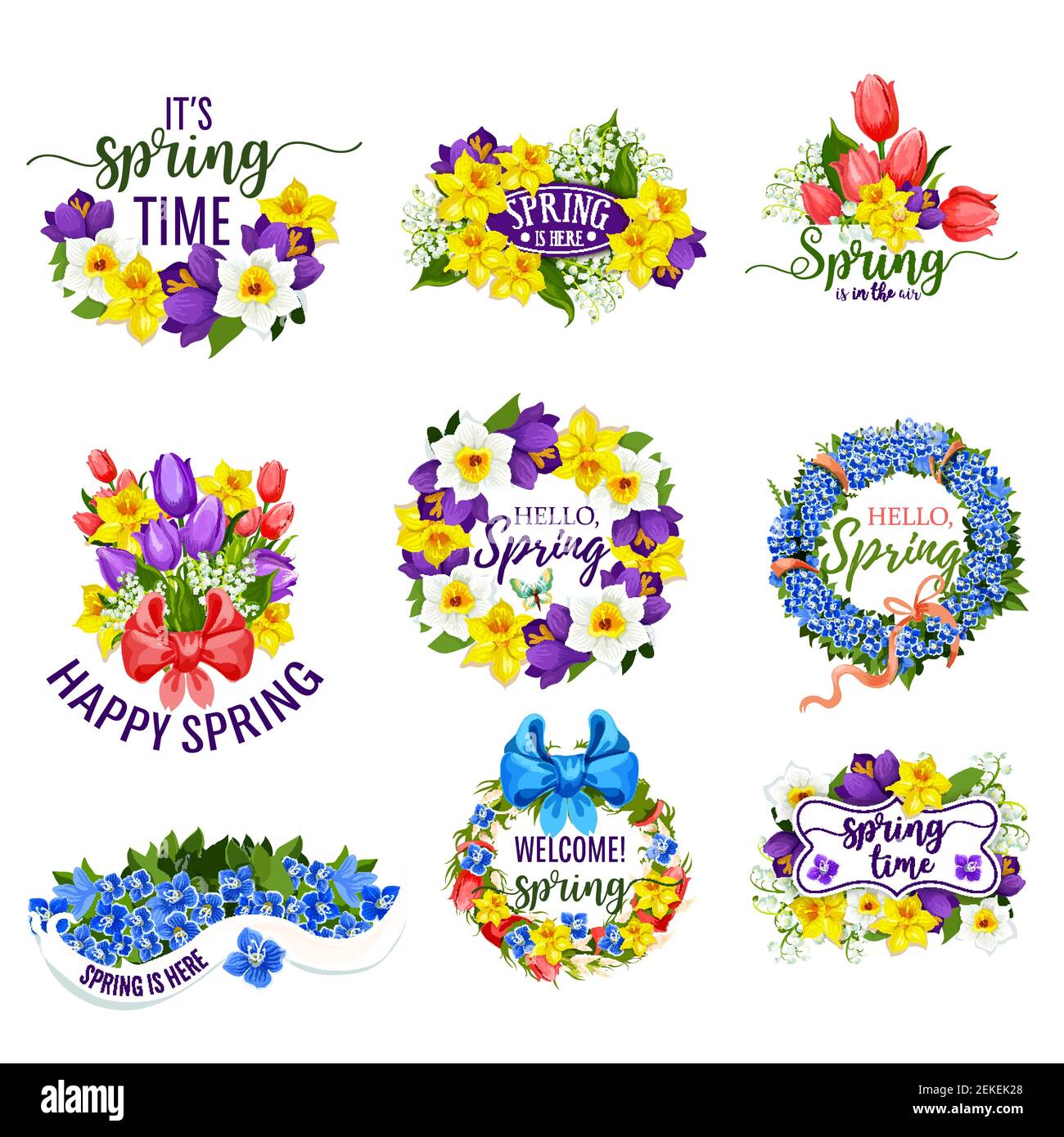 Ciao fiori di primavera e grappoli floreali. Vettore fiore bouquet di tulipani primavera, narcisi o narcisi o giglio di fiore valle con Illustrazione Vettoriale