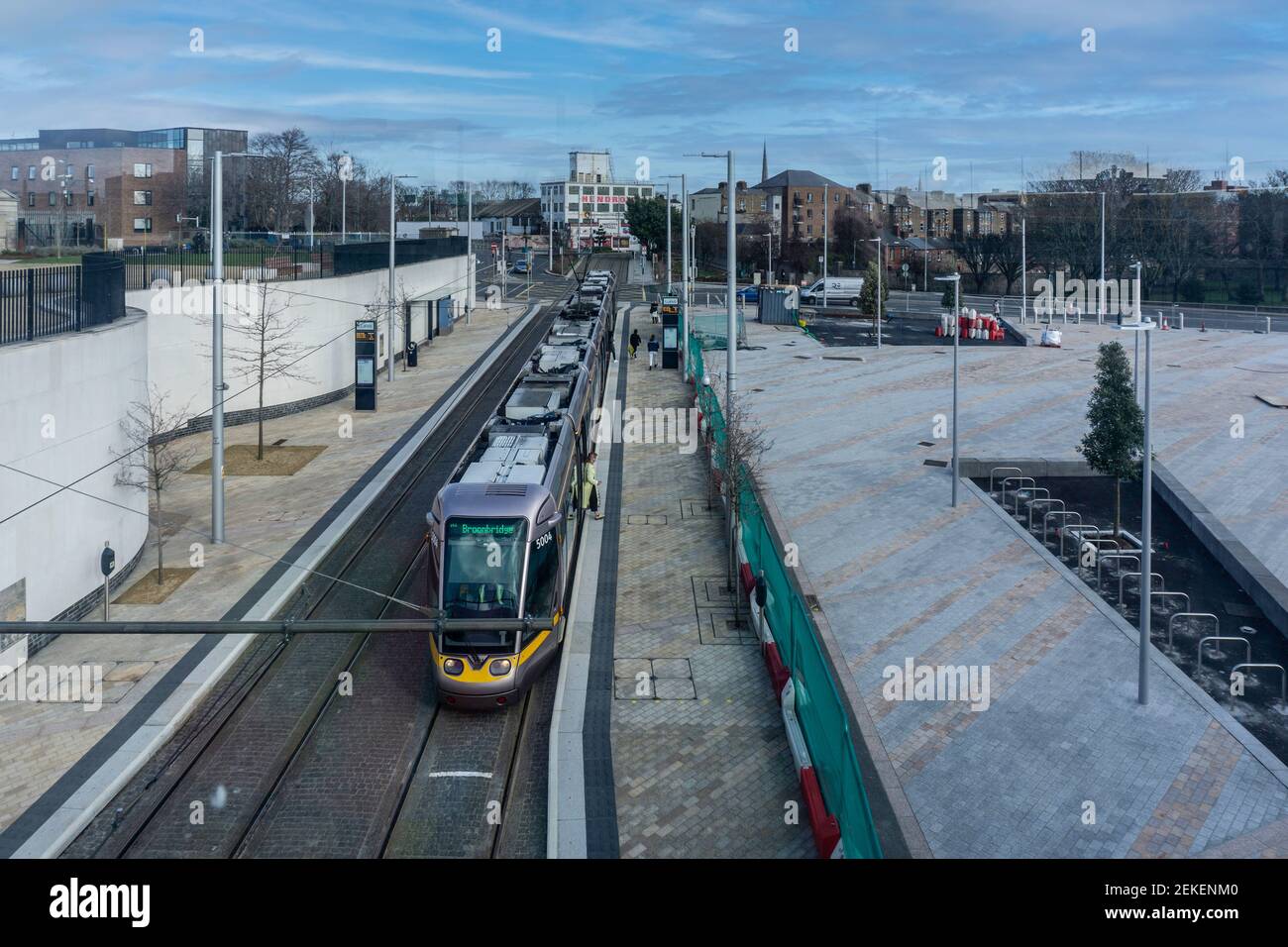 Il Grangegorman si ferma sul sistema ferroviario leggero Luas a Dublino, Irlanda. E' a pochi minuti dal campus universitario di Grangegorman. Foto Stock