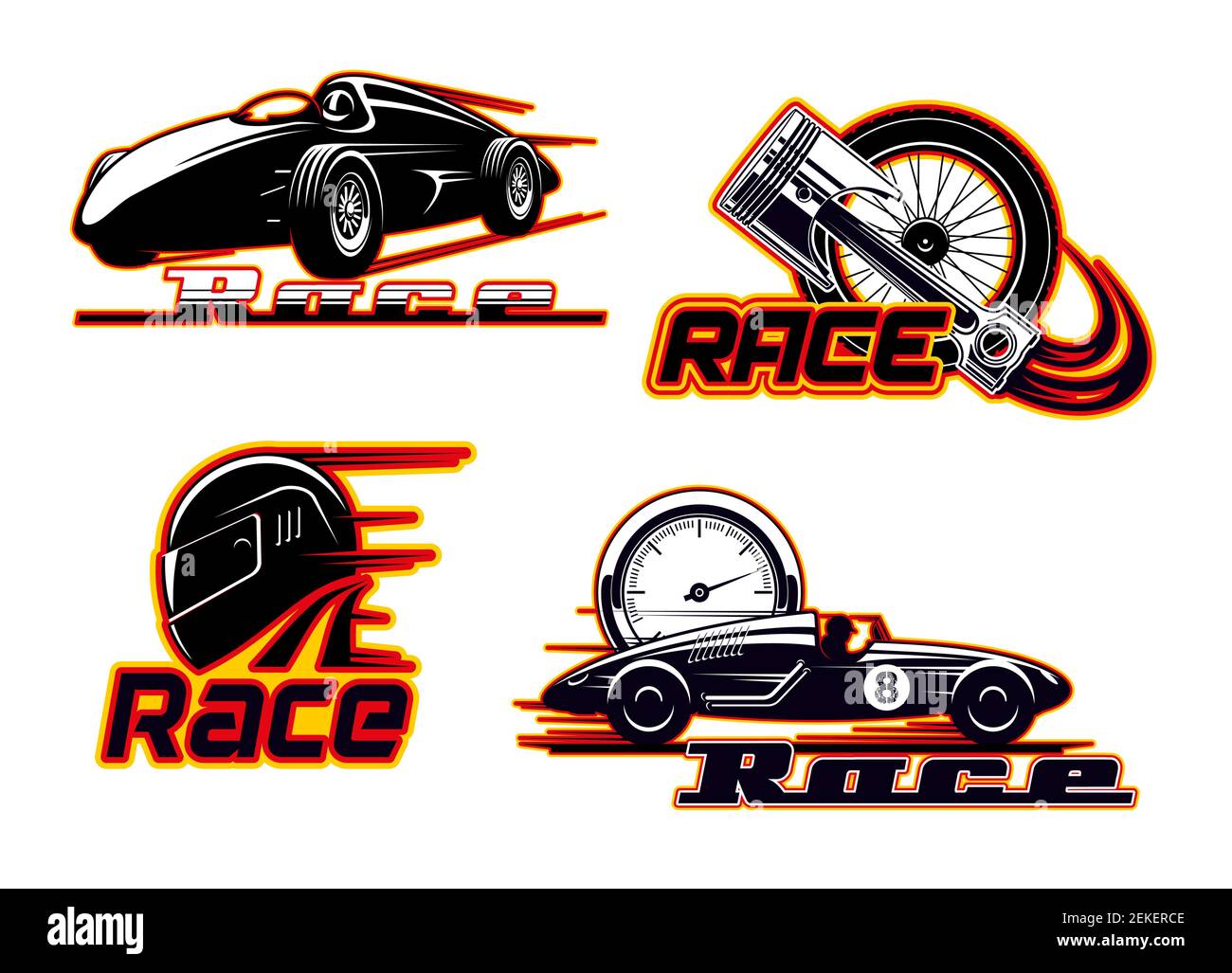 Gare automobilistiche, gare automobilistiche, fuoco fiamme icone. Vector Sportcar bolid, valvola del pistone del motore e ruota del pneumatico in fiamme e tachimetro, rally dra Illustrazione Vettoriale