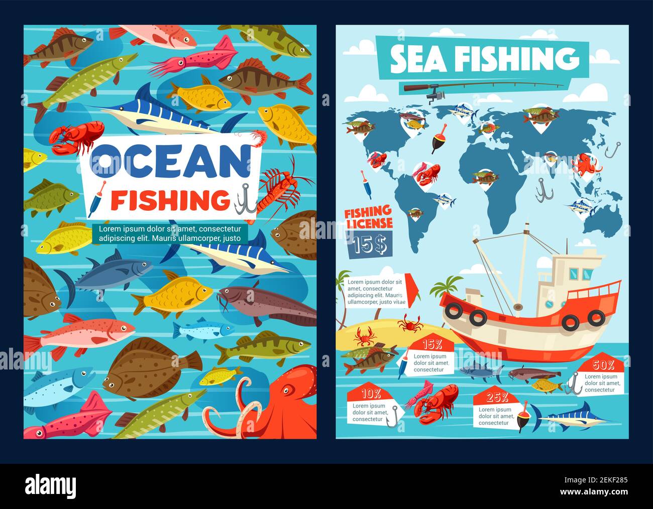 Pesca marittima e pesca oceanica, licenza pescatrice per pesce e pesca. Infografiche di pesca vettoriale su mappa del mondo, lure tackles e attrezzature Illustrazione Vettoriale