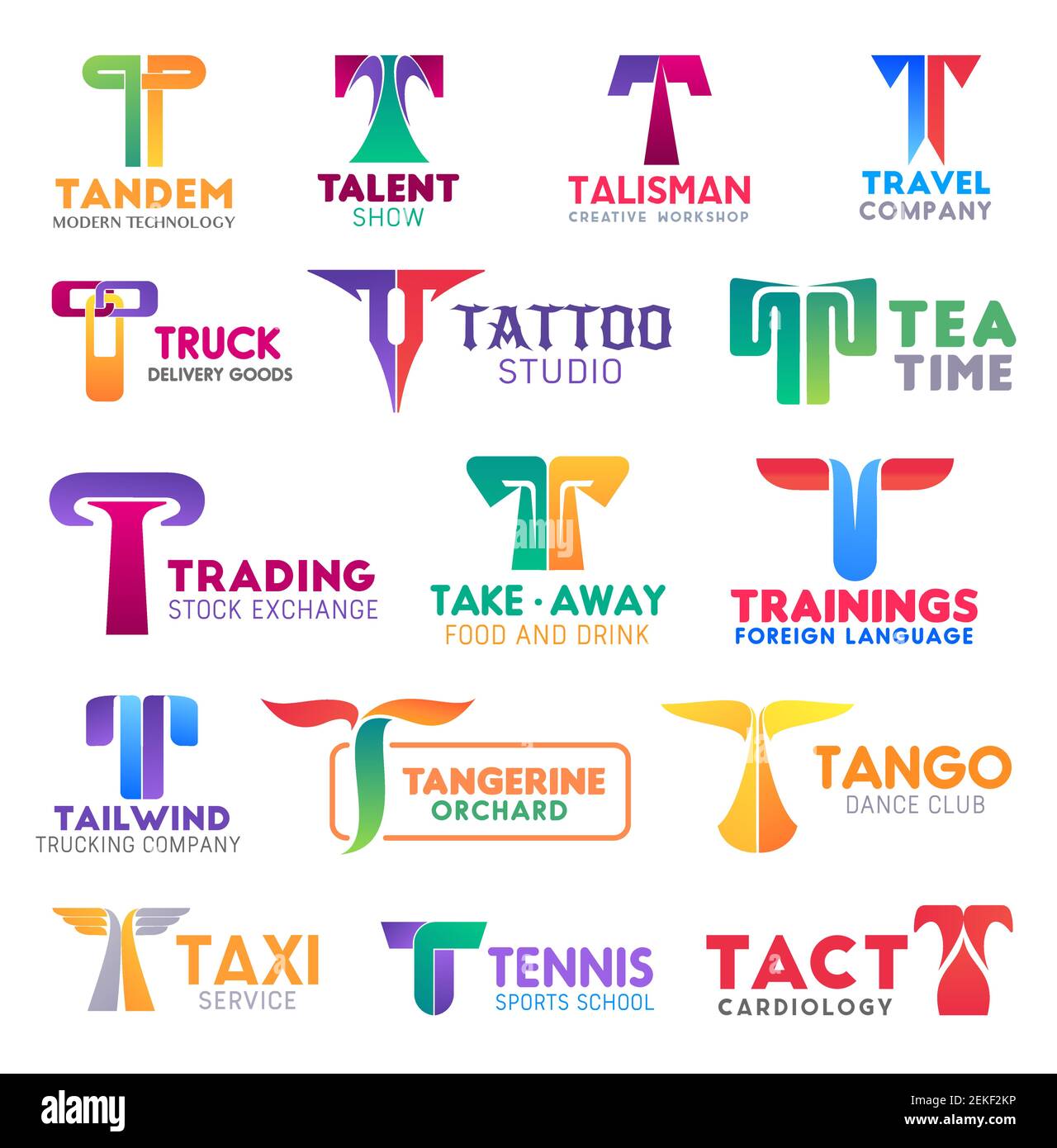 Lettere di identità aziendali T icone di business. Tecnologia vettoriale e intrattenimento, workshop e viaggi, consegna e bellezza. Bevande e finanza, cibo, ed Illustrazione Vettoriale