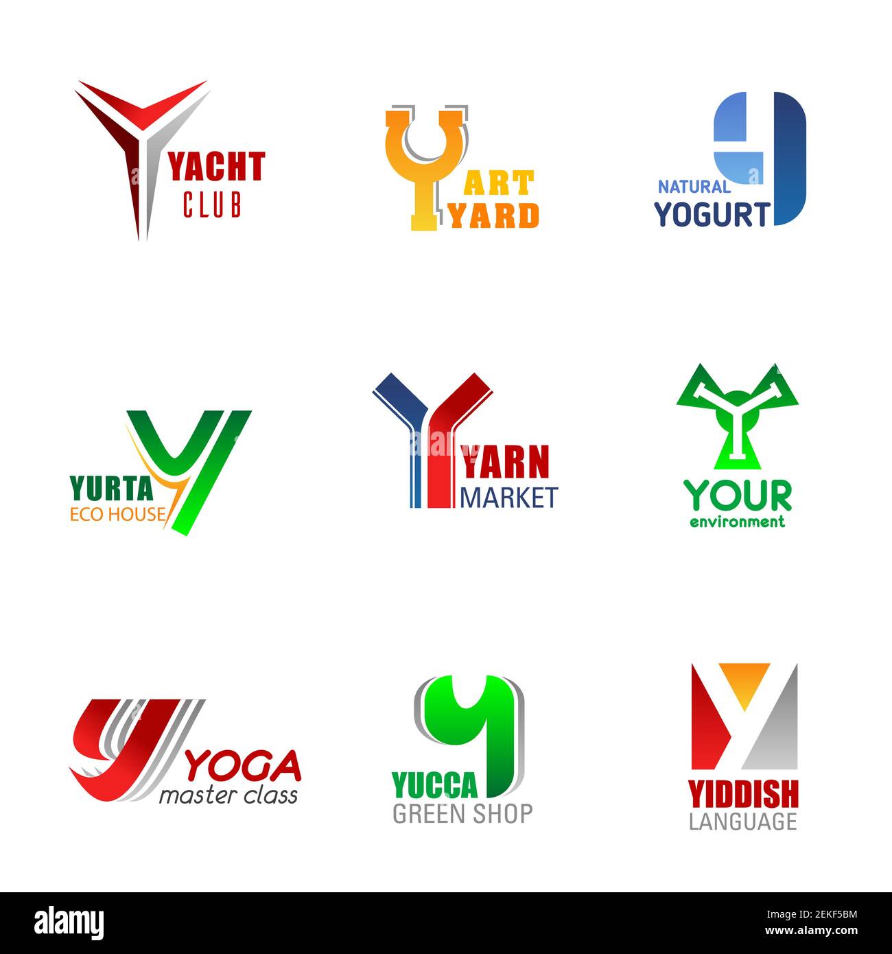 Y lettere icone e segni di identità aziendale. Vector yacht club e yard art, yogurt naturale e yurta eco casa, mercato del filato, il vostro ambiente, yoga cl Illustrazione Vettoriale