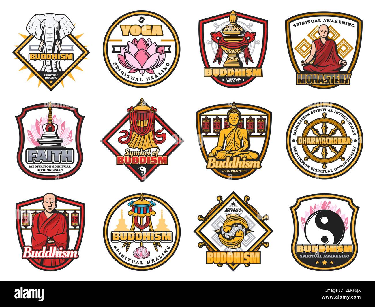 Simboli buddisti, meditazione yoga e religione buddista. Il monaco del Buddha del vettore con il gesto della mudra nella postura yoga, la ruota Dharma e il segno Yin Yang, Illustrazione Vettoriale