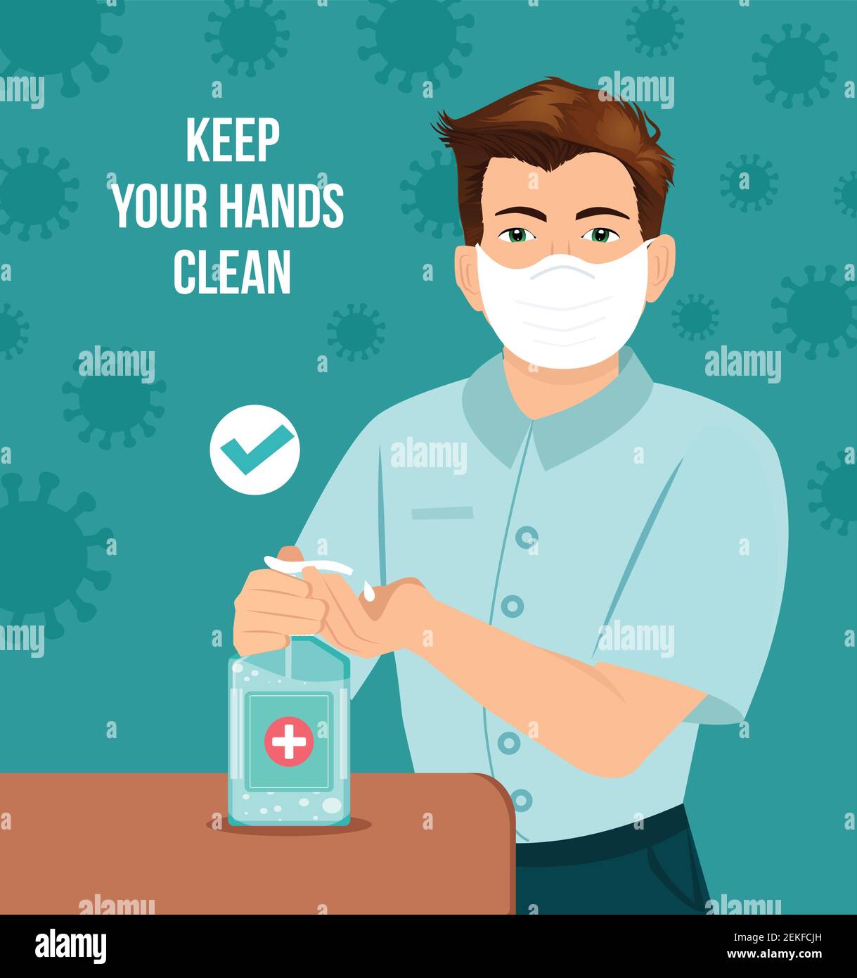 Mantenere le mani pulite concetto di disinfezione. Uomo disinfettando le mani con una maschera. Usare gel antisettico per pulire le mani e prevenire i germi. Illustrazione Vettoriale