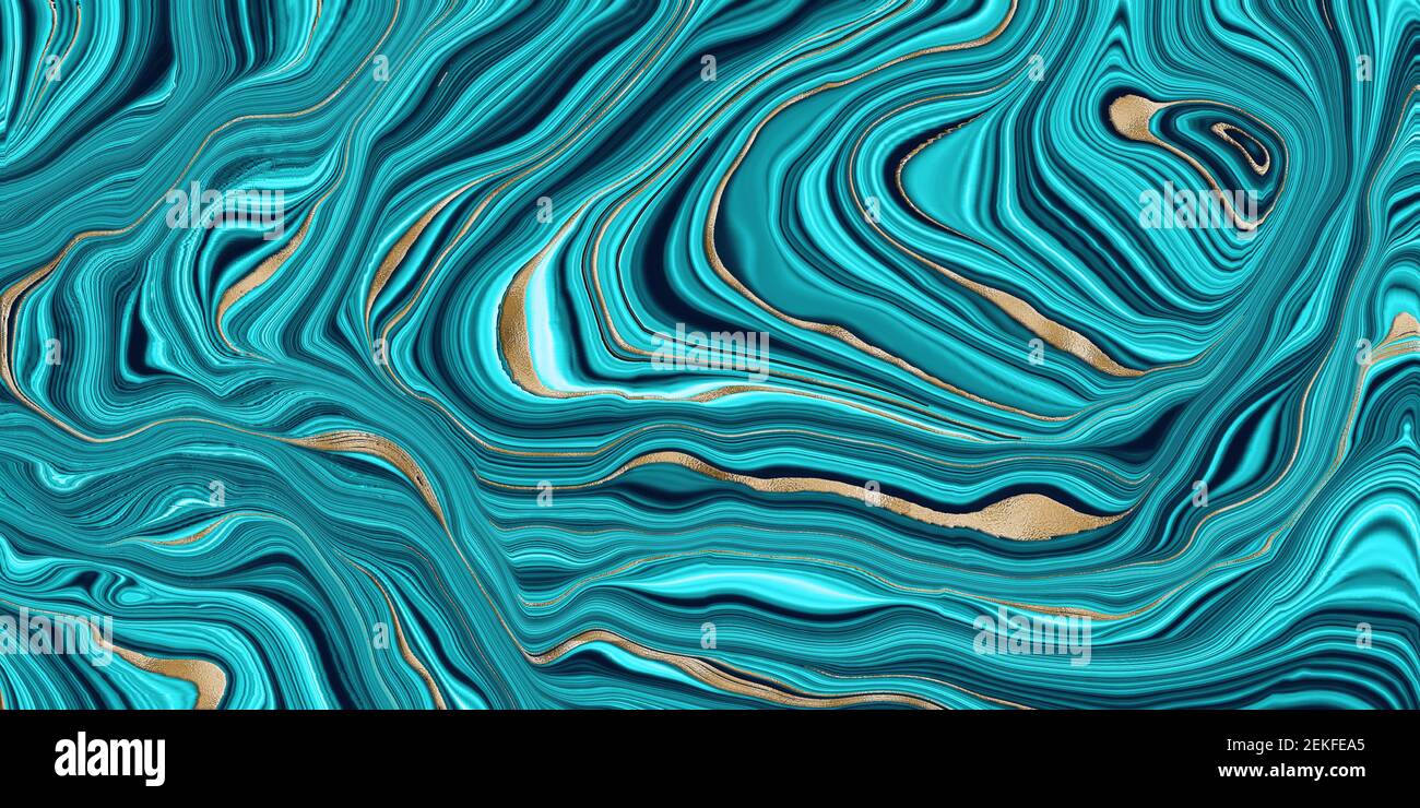 Agate sfondo in blu con vena dorata. Trama in pietra Agata con oro. Effetto marmoreo fluido turchese con texture glitter dorata. Illugrati Foto Stock