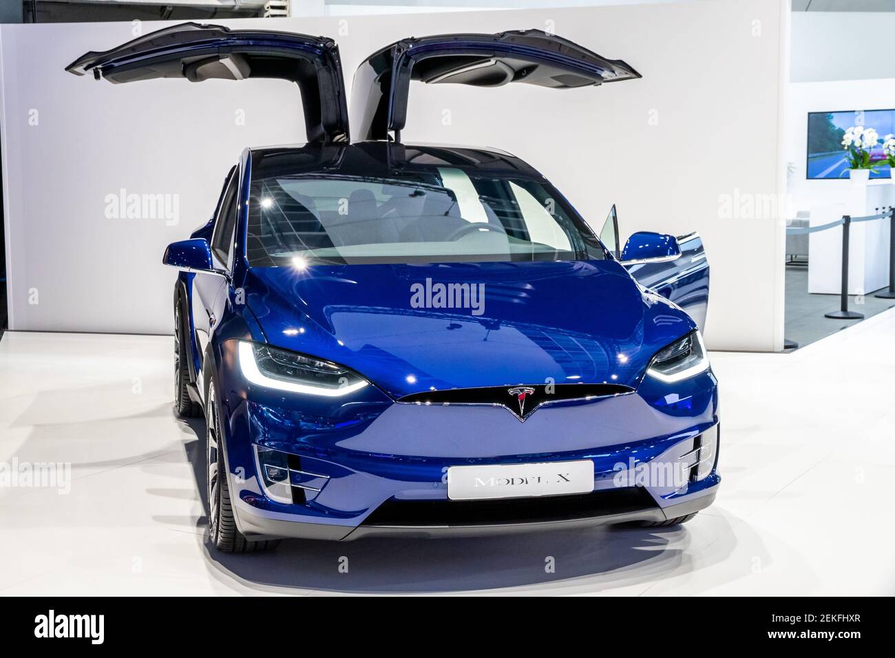 L'auto elettrica Tesla Model X presentata al Salone dell'Autosalon di Bruxelles. Belgio - 18 gennaio 2019. Foto Stock