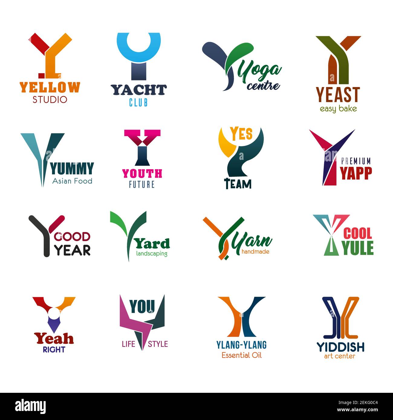 Icone di lettera Ybusiness per il branding. Giallo e yacht, yoga e lievito, yummy e giovani, sì e yapp, anno e cantiere, yule e yeah, tu e ylang ylan Illustrazione Vettoriale