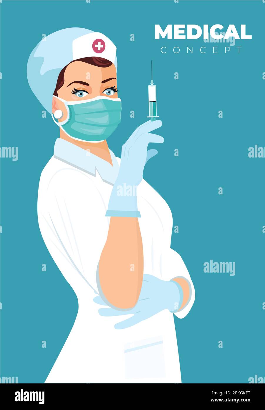 Medico femminile che contiene una siringa con un'illustrazione del vettore di iniezione. Prevenzione della malattia da virus. Infermiere che effettua la vaccinazione COVID-19. Illustrazione Vettoriale