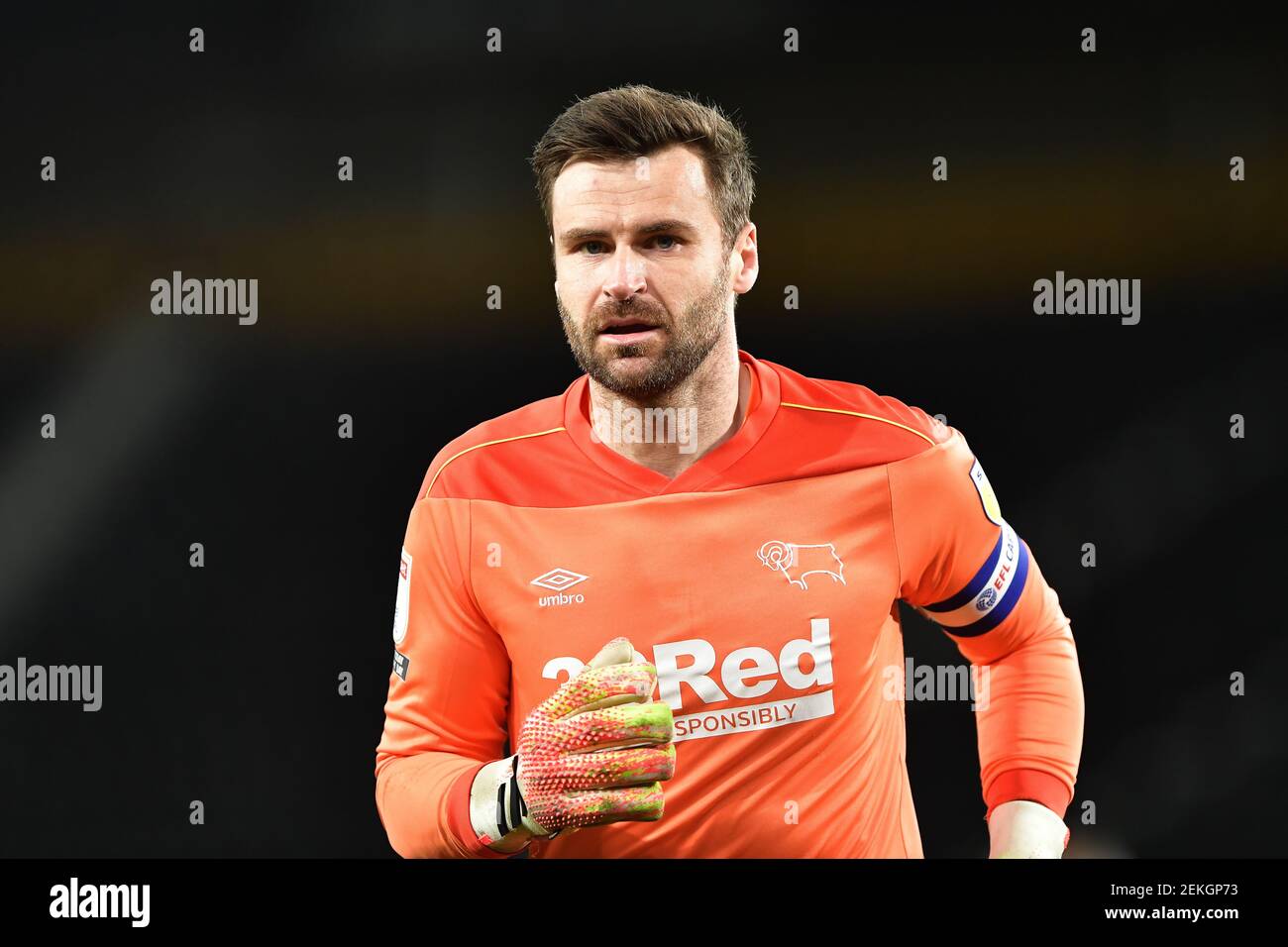 DERBY, INGHILTERRA. 23 FEBBRAIO: David Marshall della contea di Derby durante la partita del campionato Sky Bet tra la contea di Derby e la città di Huddersfield al Pride Park, Derby martedì 23 febbraio 2021. (Credit: Jon Hobley | MI News) Credit: MI News & Sport /Alamy Live News Foto Stock