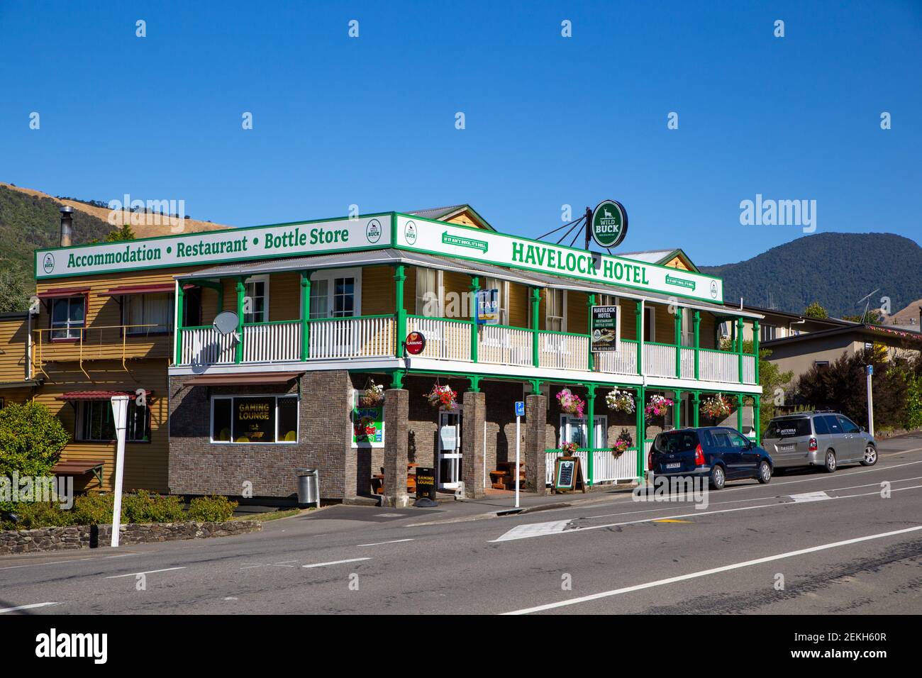 Havelock, Marlborough, Nuova Zelanda, Febbraio 19 2021: Havelock Hotel è un pub ben tenuto sulla strada principale di una città turistica, famosa per le sue cozze Foto Stock