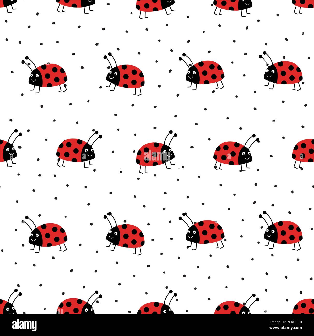 Ladybugs modello vettoriale senza giunture. Ladybugs rosso piatto su sfondo bianco ripetitivo con macchie nere. Cute estate bug animale bambini design. Ottimo per la stampa Illustrazione Vettoriale