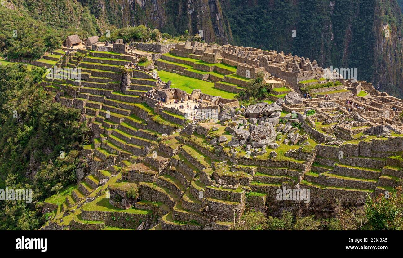 Panorama della cittadella di Machu Picchu, Cusco, Perù. Foto Stock