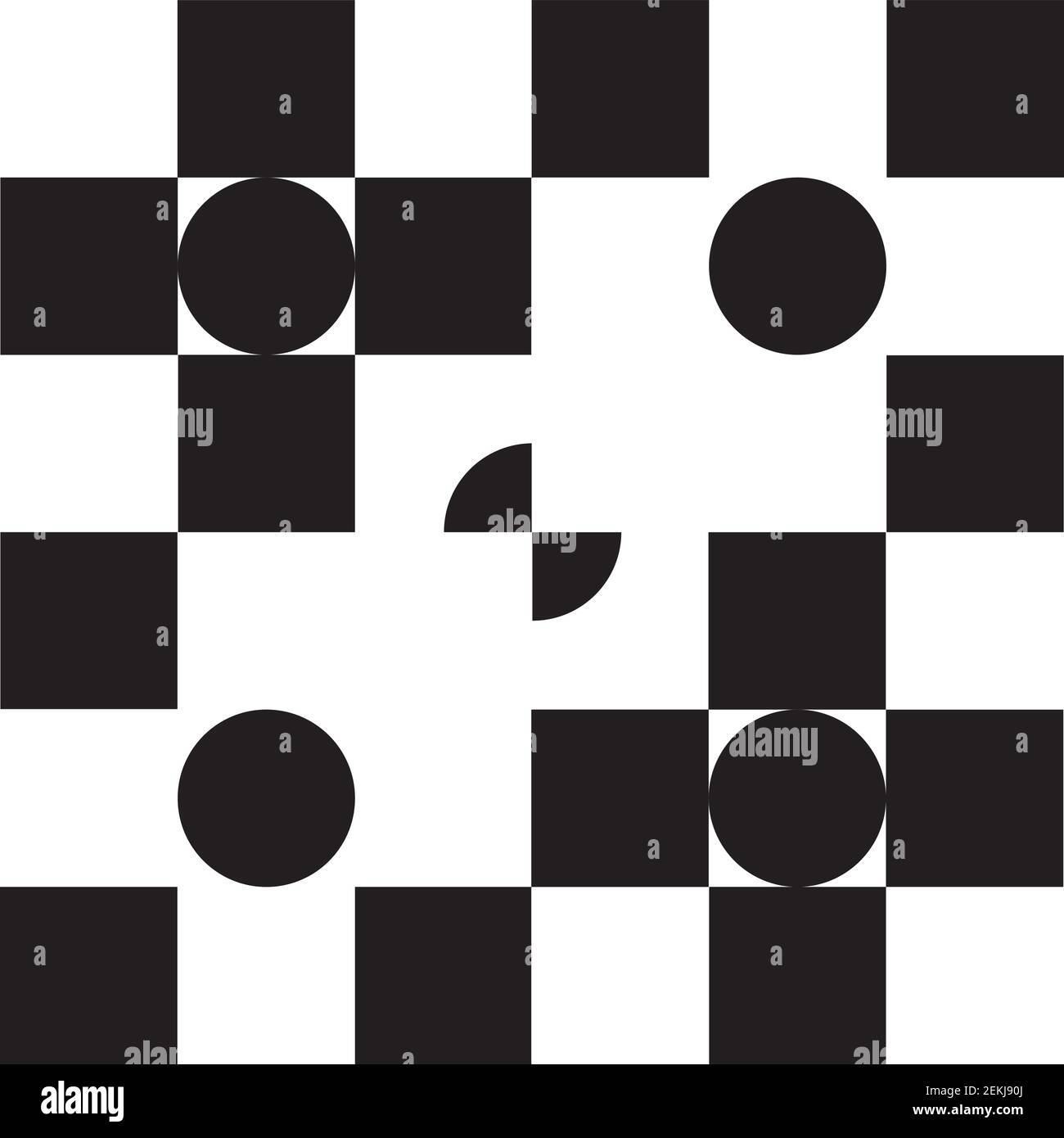 modello di tessuto continuo digitale simmetrico di quadrati riempiti in bianco e nero, cerchi e settori riempiti in nero Illustrazione Vettoriale