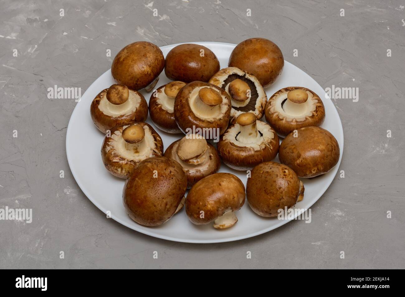 Royal champignons marrone. Funghi freschi su piatto bianco. Fondo grigio cemento grigio. Foto Stock