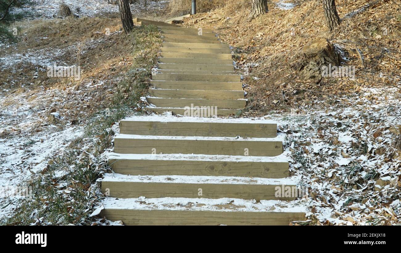 Stair innevato nel Winter Mountain Hiking Trail Foto Stock