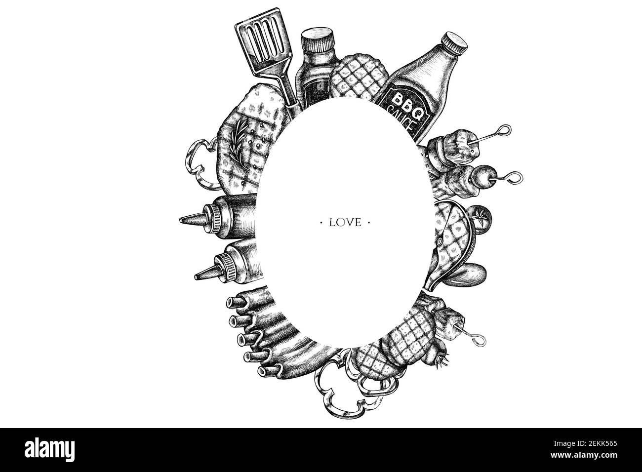 Cornici con spatola bianca e nera, costolette di maiale, kebab, salsicce, bistecca, bottiglie di salsa, polpettine di hamburger alla griglia, pomodoro alla griglia, bistecca di salmone alla griglia Illustrazione Vettoriale