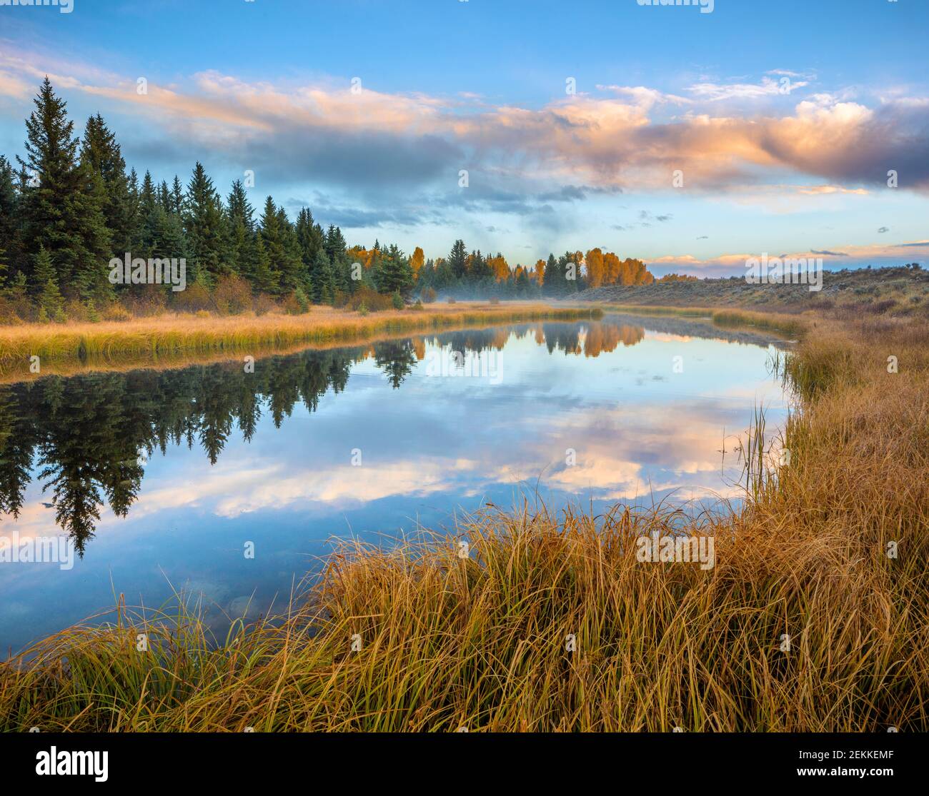 Grand Teton National Park, Wyoming: Nuvole che si riflettono nelle acque ferme del fiume Snake all'alba Foto Stock