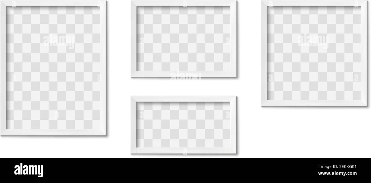 Cornici bianche. Immagine vuota grigio semplice bordo quadrato con ombra sulla parete della galleria. Modello 3D realistico vettoriale di progettazione di cornici fotografiche isolate Illustrazione Vettoriale