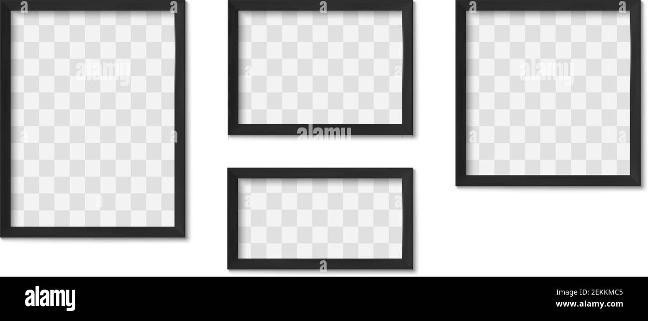 Cornici fotografiche nere. Vuoto moderno semplice immagine bordi quadrati con ombra per la galleria. Progettazione di cornici d'arte isolate vettoriali mockup 3D realistici Illustrazione Vettoriale