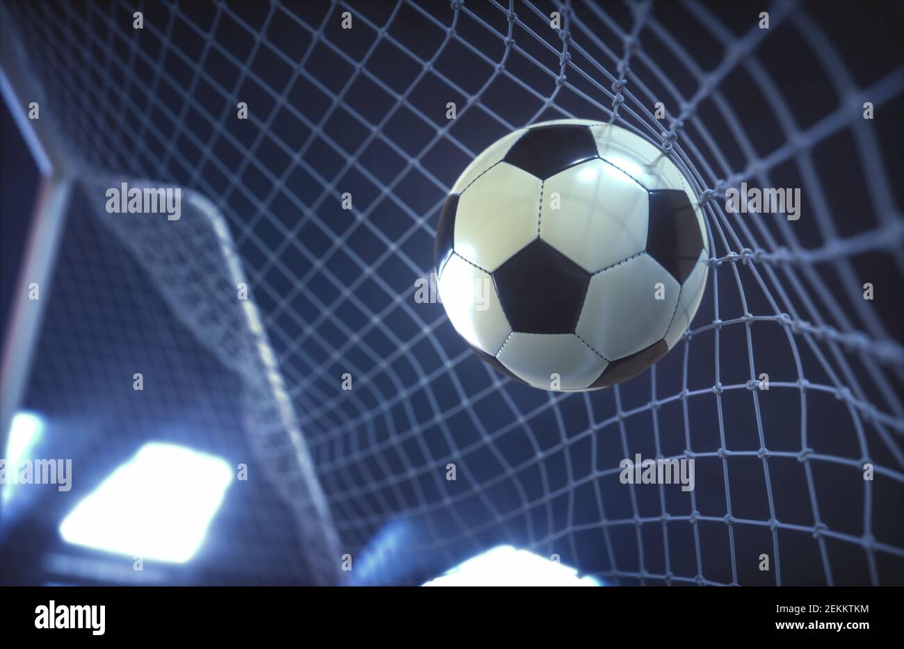 Pallone da calcio, segnando l'obiettivo e muovendo la rete. Foto Stock