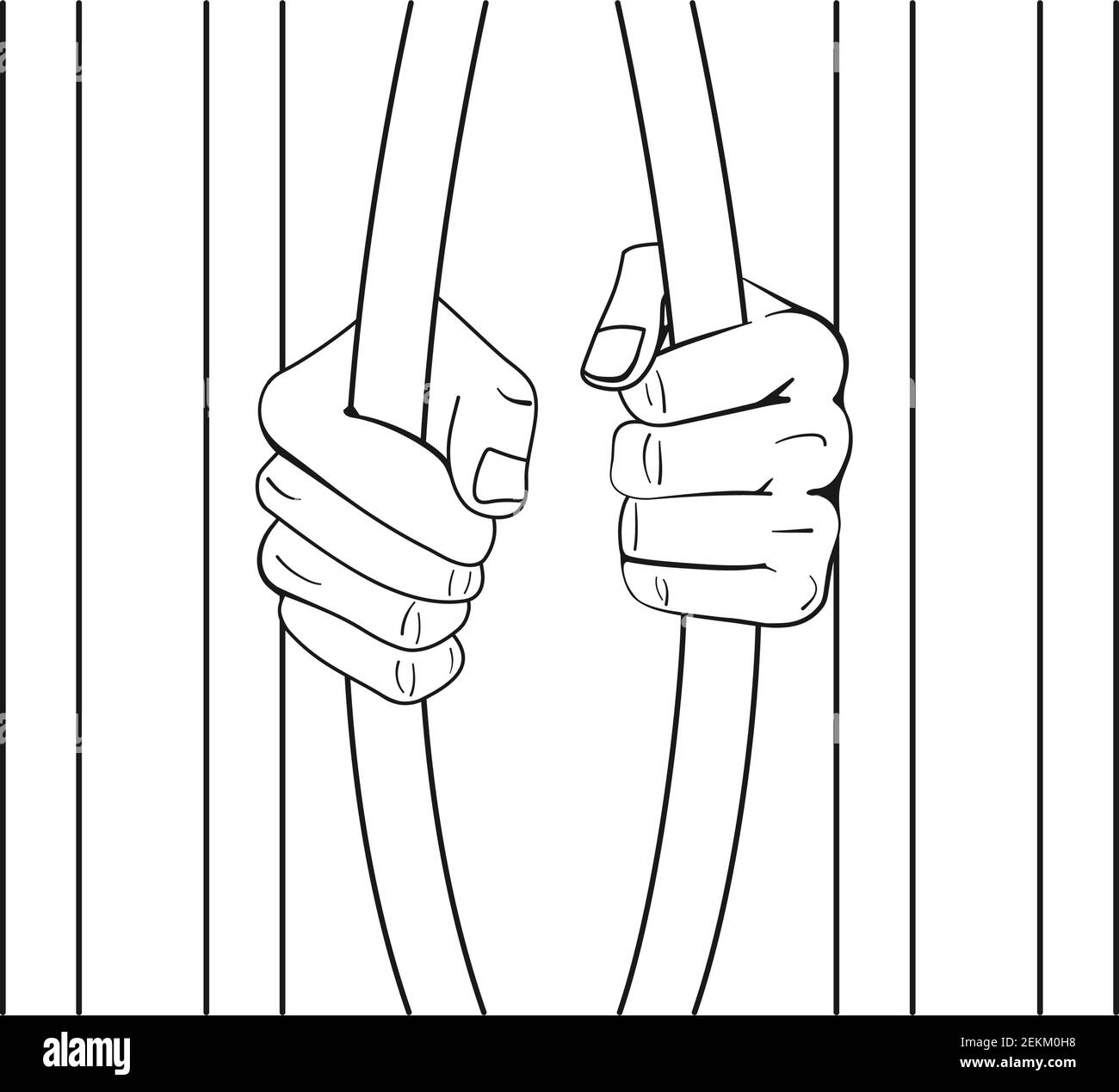 I pugni piegano le barre della prigione come concetto di libertà di rottura della prigione dentro contorno vettore Illustrazione Vettoriale