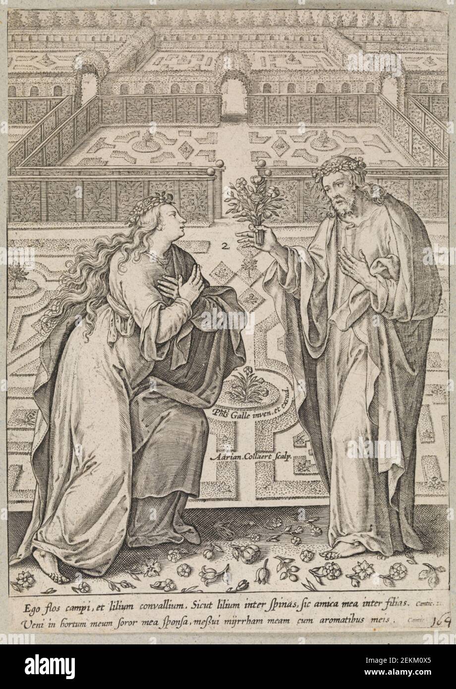 Adriaen Collaert (1561-1618); Philips Galle (1537-1612); Cristo e la sua sposa, Ecclesia, in un giardino, 1587-1589 Foto Stock