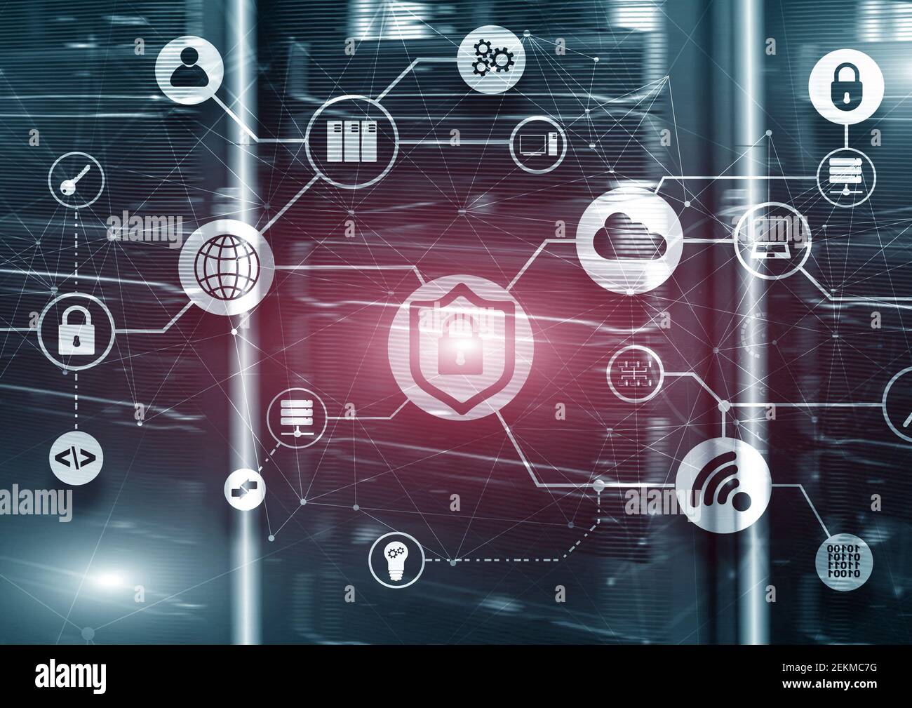 Concetto di sicurezza dei dati. Icone: Lucchetto chiuso, WiFi e cloud su sfondo digitale. Foto Stock