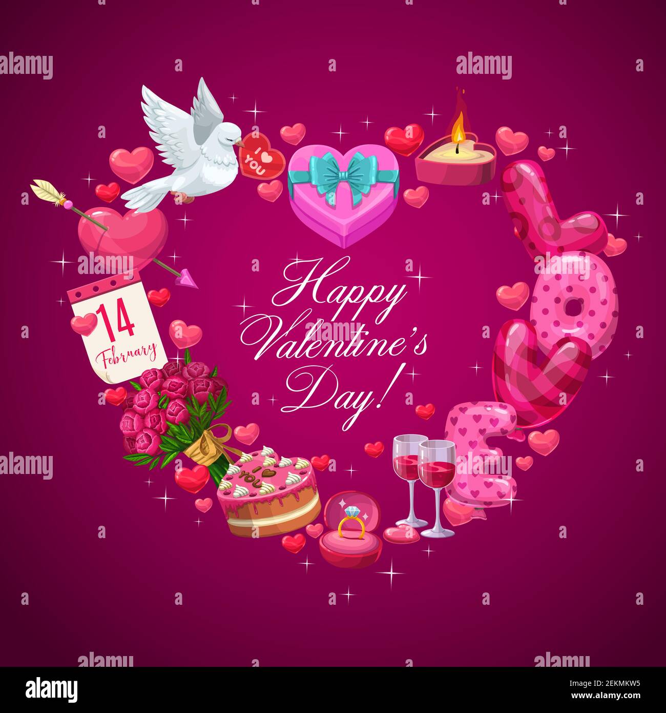 San Valentino cuore di regali romantici vacanza disegno vettoriale. Anello di nozze, bouquet di fiori e torta al cioccolato, palloncini, vino e calendario, colomba Illustrazione Vettoriale