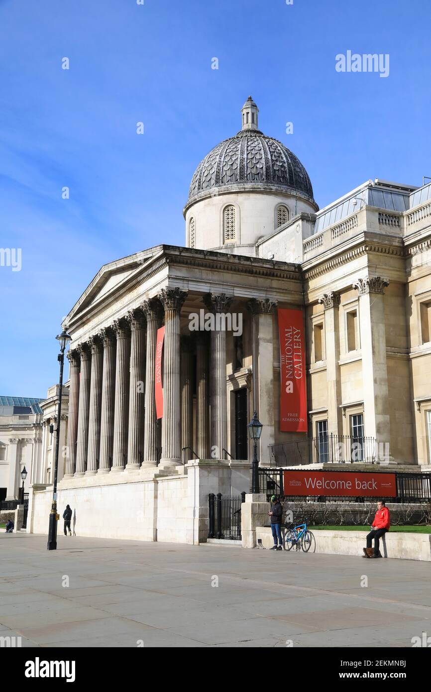 La National Gallery, Trafalgar Square, chiusa per il blocco Covid, può riaprire il 12 aprile sotto la roadmap govt, annunciata il 22 febbraio 2021 Foto Stock