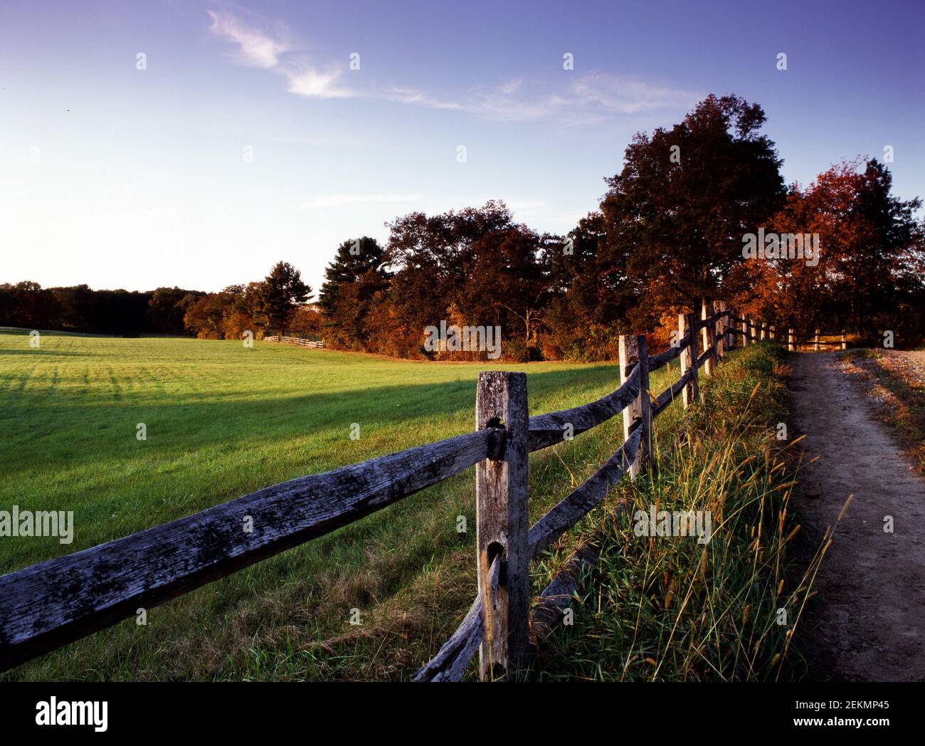 Recinto rurale pascolo al crepuscolo a Hamilton, Massachusetts Foto Stock