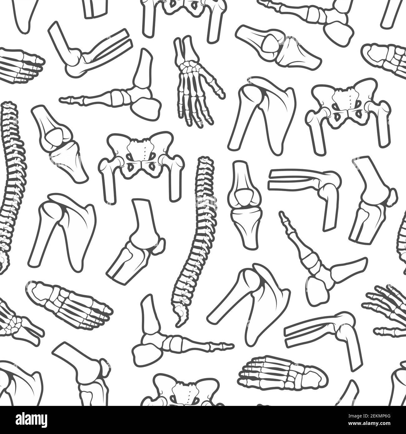 Ossa e giunti monocromo senza cuciture. Pelvi della colonna vertebrale umana vettoriale, scapola della spalla, polso con le dita e caviglia del piede. Sfondo ortopedico, A. Illustrazione Vettoriale