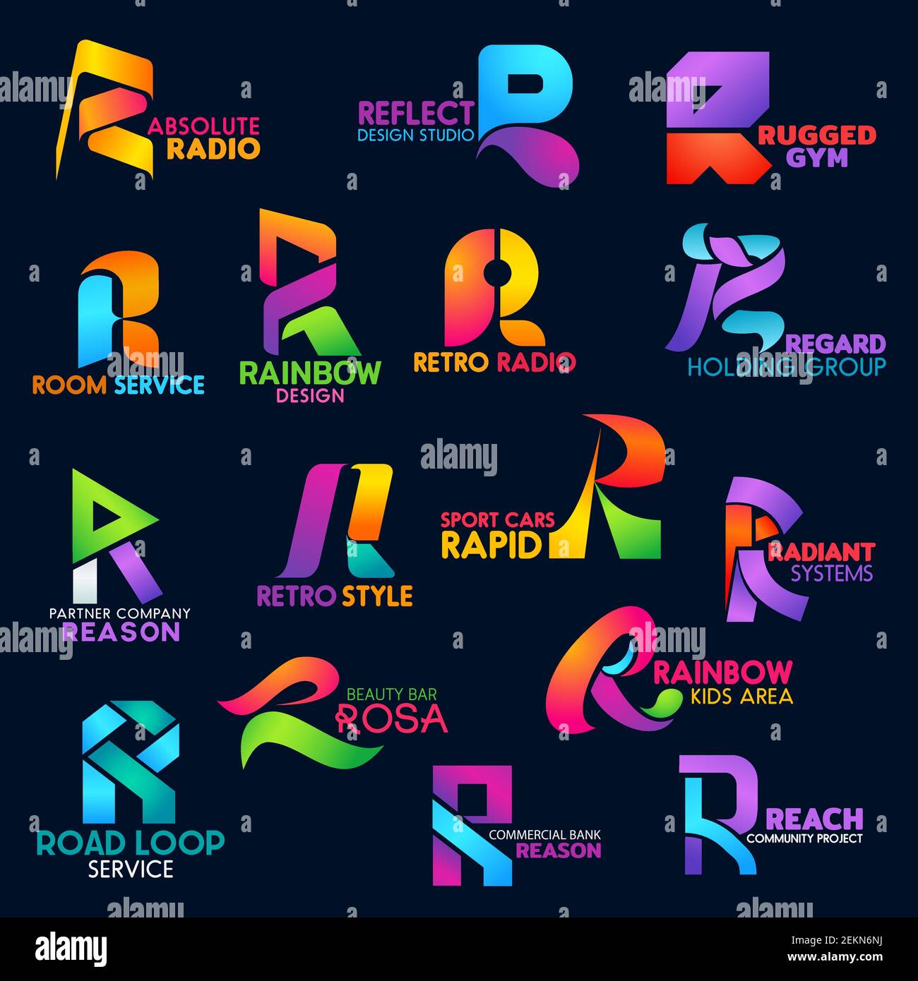 Letter R icone studio di design, banca commerciale o palestra e radio. Beauty bar, servizio di costruzione stradale o tecnologia di auto sportive e di business holding o. Illustrazione Vettoriale
