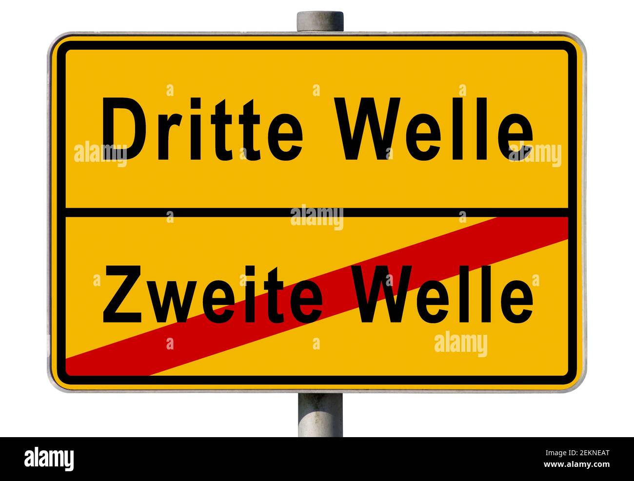 Immagine simbolica, fine seconda ondata, inizio terza ondata di pandemia del virus corona, composizione, segno giallo del limite della città tedesca, Germania Foto Stock